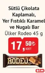ÜLKER RODEO SÜTLÜ ÇİKOLATA KAPLAMALI YER FISTIKLI KARAMEL VE NUGALI BAR 45 GR fiyat ve kampanya bilgisi